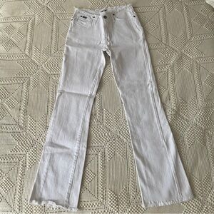 XOXO White Mid Rise Frayed Hem Waistless Flare White Jeans